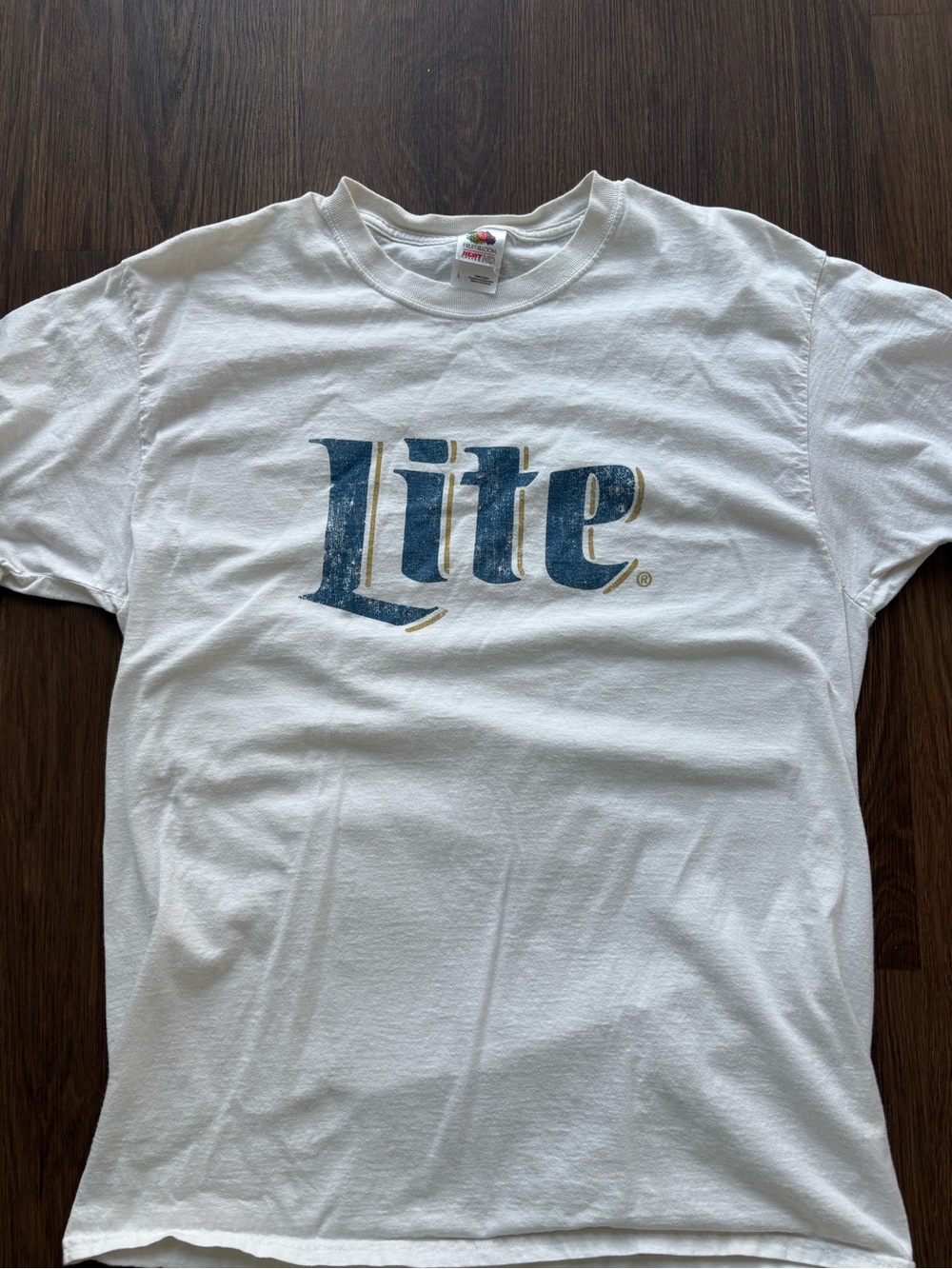 Vintage Fruit of the Loom Miller White 'Lite' Logo T‑Shirt Size Large